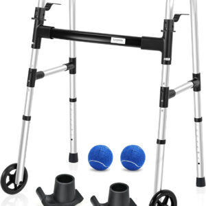 Folding Walker with 2 Precut Tennis Balls, 5" Wheels Lightweight Walkers for Seniors and Adults, Supports Up to 350 Pounds, Adjustable Height, Compact Standard Walker