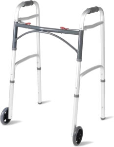 HEALTHLINE Folding Walker with 5" Wheels – Adjustable Height for Short, Standard, and Tall Adults – Aluminum Frame with 2-Button Folding – Includes 2 Pairs of Rear Glides and Complete Hardware Set