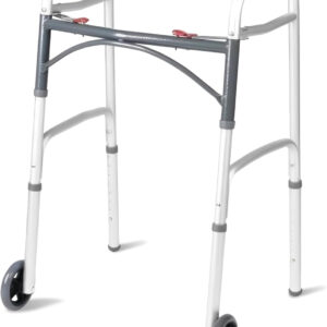 HEALTHLINE Folding Walker with 5" Wheels – Adjustable Height for Short, Standard, and Tall Adults – Aluminum Frame with 2-Button Folding – Includes 2 Pairs of Rear Glides and Complete Hardware Set