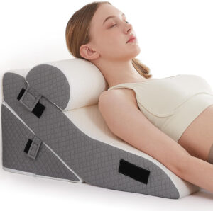 Bed Wedge Pillow Set for Sleeping 3 PCS - 22.5" Wide Triangle Pillow for Back Leg Pain Relief with Washable Cover - 35D Foam Wedge Pillow Post Surgery for Acid Reflux & Snoring (White Blue)