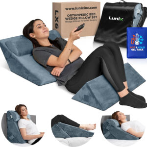 Lunix 3pcs Orthopedic Bed Wedge Pillow Set, Post Surgery Memory Foam for Back, Leg, and Knee Pain Relief, Adjustable Sitting Pillow for Sleeping, Acid Reflux, and GERD, with Hot Cold Pack, Navy