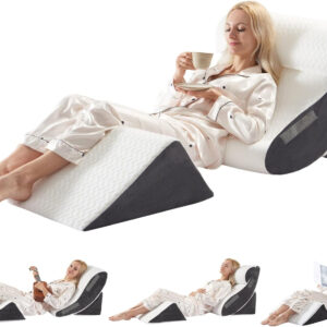 4PCS Orthopedic Bed Wedge Pillow Set for Sleeping, Post Surgery Foam Support Pillows for Back, Neck and Leg Pain Relief, Adjustable Triangle Pillow – Acid Reflux, GERD & Snoring Recovery, White Grey