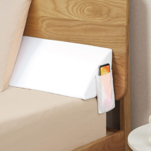 Vekkia Bed Wedge Pillow for Headboard – High-Density Foam Fills Gaps (0-5.5") Between Mattress and Headboard, Wedge Pillow with Pockets for Phone & Remotes, Washable Cover – Queen Size (White)