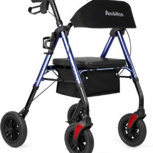 Amblisss Walkers for Seniors with Seat, Foldable Rollator Walkers, 300 lbs Weight Capacity, 8" Wheels Dual Height Ajustable, Rolling Walker with Seat for All-Terrain, Dark Blue