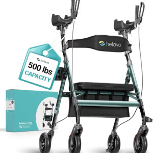 Helavo Extra Wide 28.3" Bariatric Upright Walker for Seniors, 500 lbs Capacity with 8“ Flat-Free Solid Rubber Tires, Height Adjustable Stand Up Walker with Seat, All Terrain Heavy Duty Rollator