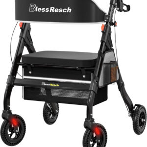 Foldable Rollator Walkers with Seat for Seniors, 450 lb Capacity, 8'' Wheels, 18" Big Seat, 6-Position Height, Heavy-Duty Aluminum Rolling Walker (Black)