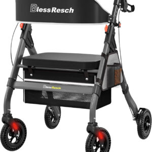 Foldable Rollator Walkers with Seat for Seniors, 450 lb Capacity, 8'' Wheels, 18" Big Seat, 6-Position Height, Heavy-Duty Aluminum Rolling Walker (Gray)