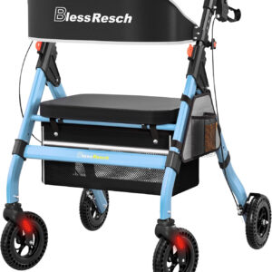 Foldable Rollator Walkers with Seat for Seniors, 450 lb Capacity, 8'' Wheels, 18" Big Seat, 6-Position Adjustable Height, Heavy-Duty Aluminum Rolling Walker (Blue)