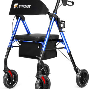 Rollator Walker with Seat and Brakes, 300 lbs Adults Bariatric Walker for Seniors with Extra Wide Backrest, Lightweight Folding Adjustable Height, All Terrain Rolling Walker 8 Inch 4 Wheels