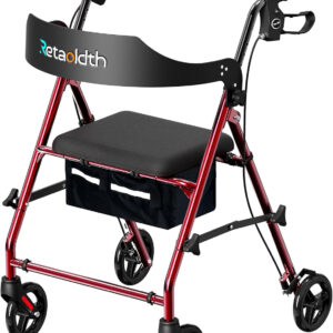 Foldable Rollator Walker with Seat for Seniors, All-Terrain Wheels, 350lb Capacity, Reinforced Inner Metal Rod for Easy Folding & One-Hand Carry, Lightweight Rolling Walker - Red