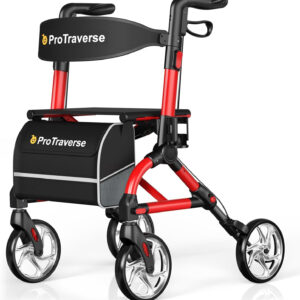 Foldable Rollator Walkers with Seat for Seniors, Lightweight Rolling Walkers with Cup Holder and Bag,8" Big Wheels,350LBS Weight Capacity, Adjustable Handles,Red