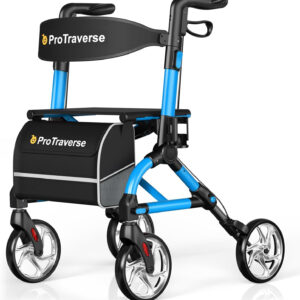 Foldable Rollator Walkers with Seat for Seniors, Lightweight Rolling Walkers with Cup Holder and Bag,8" Big Wheels,350LBS Weight Capacity, Adjustable Handles,Blue
