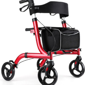 Rollator Walkers for Seniors-Folding Rollator Walker with Seat and Four 8-inch Wheels-Medical Rollator Walker with Comfort Handles and Thick Backrest-Lightweight Aluminium Frame Red