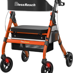 Foldable Rollator Walkers with Seat for Seniors, 450 lb Capacity, 8'' Wheels, 18" Big Seat, 6-Position Adjustable Height, Heavy-Duty Aluminum Rolling Walker (Red)