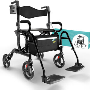 Helavo 2 in 1 Walker Wheelchair Combo - Foldable Aluminum Rollator with Footrests - Convertible to a Transport Chair, 300 lbs Load Capacity - Maximum Mobility in All Situations