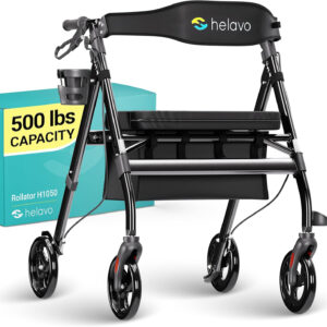 Helavo Bariatric Walker with Large, Height-Adjustable Seat, 500 lbs Weight Capacity, All Terrain 8-inch Wheels, 28-inch Wide - Extra Wide Heavy Duty Rollator for Seniors