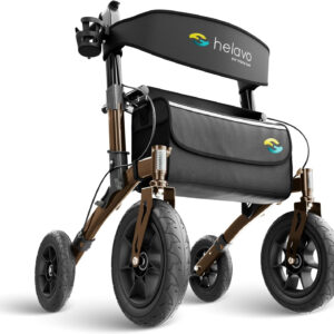Helavo All Terrain Walker with Puncture-Proof, Flat-Free Solid Rubber Tires, 12" Wheels - Foldable Outdoor Walker for Seniors with Seat, Ergonomic Handles and Extra Padded Backrest