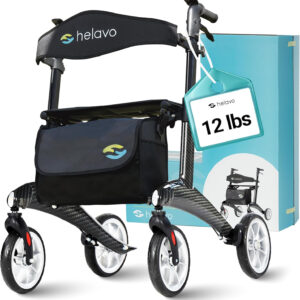 Helavo Carbon Ultralight Rollator Walker, 4 Wheel Walker with Seat and Brakes, 300 lbs Capacity, Lightweight (12.3 lbs), 8" Wheels, Height Adjustable Folding Rollator, Black