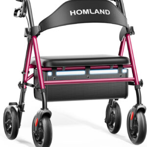 Bariatric Walkers for Seniors, 500lb Heavy Duty Rollator Walker with Extra Wide Padded Seat, 8” All Terrain Foldable Rolling Walker with Dual-Height Adjustable