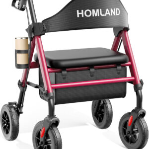 Walkers for Seniors with Seat, Foldable Rollator Walker, Reinforced Aluminum Frame, 8" Big Rubber Wheels for All Terrain, Height Adjustable Lightweight Rolling Walker