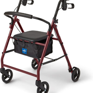 Medline Aluminum Rollator Walker with Seat, Burgundy, 250 lb. Weight Capacity, Lightweight, 6” Wheels, Foldable, Adjustable Handles, Rolling Walker for Seniors