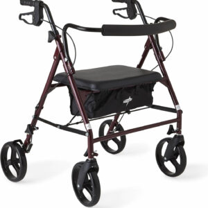 Medline Large Steel Bariatric Rollator Walker with Adjustable Handles, Padded Seat & Backrest, Burgundy, 500 lb. Weight Capacity, Foldable, Under Seat Storage, 8" Wheels, For Seniors & Adults