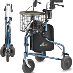 Nova Joy Traveler Folding 3 Wheel Walker with Tray, Basket and Pouch - Lightweight Mobility Aid for Seniors - 8 Inch Wheels - Essential for Tight Spaces and Travel - Blue