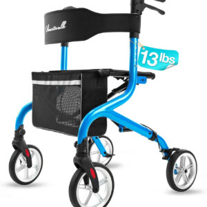 Super Lightweight Rollator Walker for Seniors, Foldable Rolling Walker with Seat and 8" Rubber Wheels for All Terrain, Unique Design Aluminium Frame Sturdy Walkers for Traveling - Blue