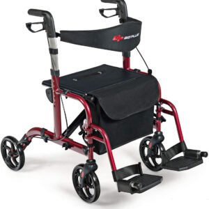 GOPLUS 2 in 1 Rollator Walkers for Seniors, Folding Rollator Walker with Seat, 8-inch Wheel Medical Drive Walker Wheelchair Combo with Backrest, Adjustable Handle for Adults, Aluminium Frame