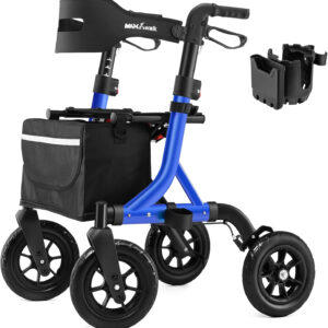 Rollator Walker for Seniors, Foldable All Terrain Rolling Walker with seat, Aluminum Walkers with 10 inch Rubber Wheels, Built-in Cable, Cup Holder, Adjustable Handles and Backrest for Seniors, Blue