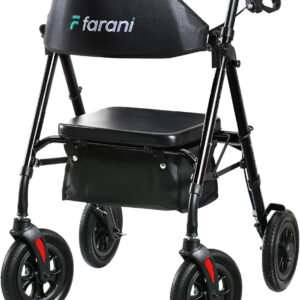 Farani All Terrain Rollator Walker - 10" Non-Pneumatic Tires, Cushion Seat & Padded Backrest, Ergonomic Dual Height Adjustable Handles, Foldable Aluminum Walker for Seniors, Black