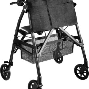 Stander Wonder Rollator Plus Short, Lightweight Junior Folding Mobility Aid for Petite Adults, Seniors, and Elderly, Collapsible Travel Rolling Walker with Four Wheels and Seat, Black Walnut