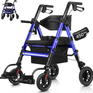 Rollator Walker with Seat, Walker Wheelchair Combo, 2 in 1 Rollator Transport Chair with Brakes, Heavy Duty Rolling Walker, Holds up to 450 pounds, 10" Big Wheels for All Terrain, Blue