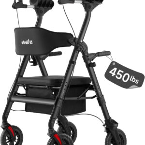Upright Walkers for Seniors, Stand Up Rollator Walker with Padded Seat and Backrest, Heavy Duty Forearm Rollator with Support Handrail, Holds up to 450 pounds, Compact Folding, Black