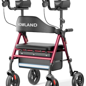 Upright Walkers for Seniors, Stand Up Rollator Walker with Adjustable Padded Armsupport & Seat, Folding Rolling Walker with 8'' Wheel Suitable for All Terrain, Red
