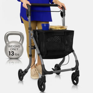 Vive Folding Walker for Seniors - Ultra Lightweight Narrow Rollator for Small Spaces, Tight Doorways - with Tray, Basket, Cupholder - Rolling, Walker with Wheels for Indoor & Outdoor Use