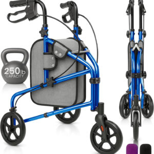 Vive Mobility 3 Wheel Walker - Three Wheeled Rollator for Seniors - Lightweight, Foldable, Narrow, Heavy Duty - for Elderly Men Women - Folding 3-Wheel Tri Scooter with Basket Bag