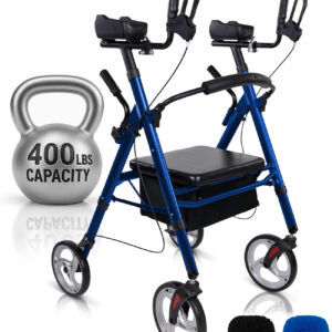 Vive Bariatric Upright Walker with Seat - Heavy Duty Senior Stand Up Rollator, Extra Wide Frame - Padded Armrest & Backrest -Mobility Aid Portable Rolling Walker with Bag - Fits Tall & Large People