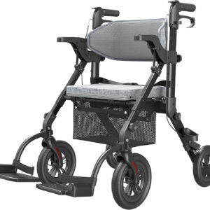 Rollator-Walkers-for-Seniors-with-Seat, Walker Wheelchair Combo, Transport-Wheelchair-Lightweight-Foldable, Adult Walkers All Terrain, 2 in 1 Rolling Walker Chair with Brakes & Pouch-2025 New