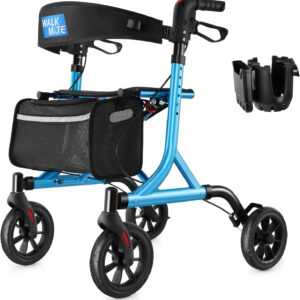 Rollator Walker for Seniors with Cup Holder, Upgraded Thumb Press Button for Height Adjustment, 4 x 8 Wheels Walker with Seat Padded Backrest Folding Lightweight Walking Aid, Blue