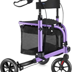 3 Wheel Rollator Walker with Seat for Slim Seniors, Padded Backrest Lightweight Foldable Walker Ideal for Elderly, 8 Inch Tri-Wheel Modern Mobility Walking Aid Aluminum, Purple