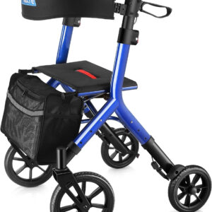 Rollator Walker for Seniors Taller 5.3~7ft with Height-Adjustable Seat, 10 Inch Wheels Wire-Hidden Walkers Compact Folding Design Lightweight Mobility Walking Aid Widen Backrest, Blue