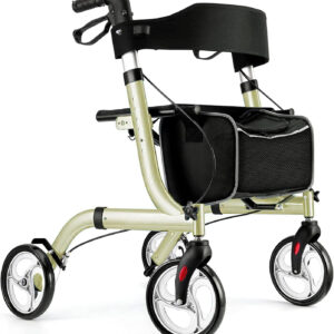 Winlove Rollator Walker for Seniors-Folding,with Seat and Four 8-inch Wheels-Medical Rollator Walker with Thick Backrest-Lightweight Aluminium Frame and Basket, Champagne