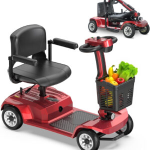 4 Wheel Foldable Mobility Scooter, Long Range,418 lb Capacity, Electric Power Mobile Wheelchair for Seniors Adult with Lights Collapsible and Travel Scooter with Basket (RED 12.74 Miles)