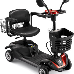 Compact 4 Wheel Mobility Scooter with Display, Foldable Electric Scooter for Seniors and Adults, Heavy Duty Travel Model with Lights, Basket, and Long-Lasting Extended (Black + Red)