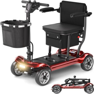4 Wheel Mobility Scooter for Adults&Seniors - 43lb Lightweight Portable Motorized Scooters 300 lb Capacity, Foldable Travel Mobility Scooters with Removable Battery, Dual Basket, Red