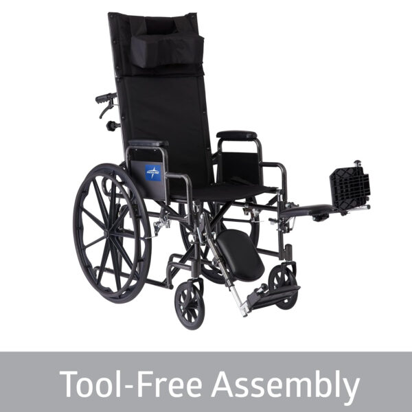 Medline Reclining Wheelchair, 18″, with Elevating Leg Rests, Durable Vinyl, 300 lb. Weight Limit, Reclines 90 to 140 Degrees