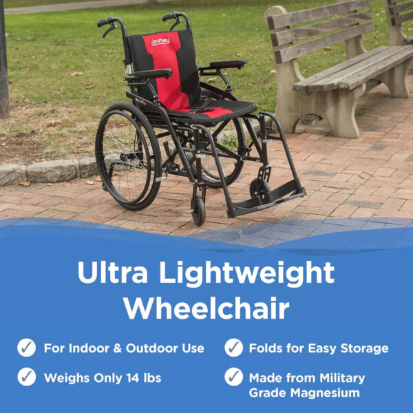 Journey SoLite C2 Ultra Lightweight Wheelchair for Adults – Foldable, Portable Manual Chair for Seniors – Frame Weighs Only 14 lbs – Patterned Frame with Red Trim