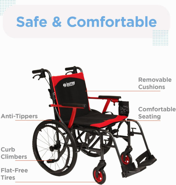 Journey SoLite C2 Ultra Lightweight Wheelchair for Adults – Foldable, Portable Manual Chair for Seniors – Frame Weighs Only 14 lbs – Patterned Frame with Red Trim