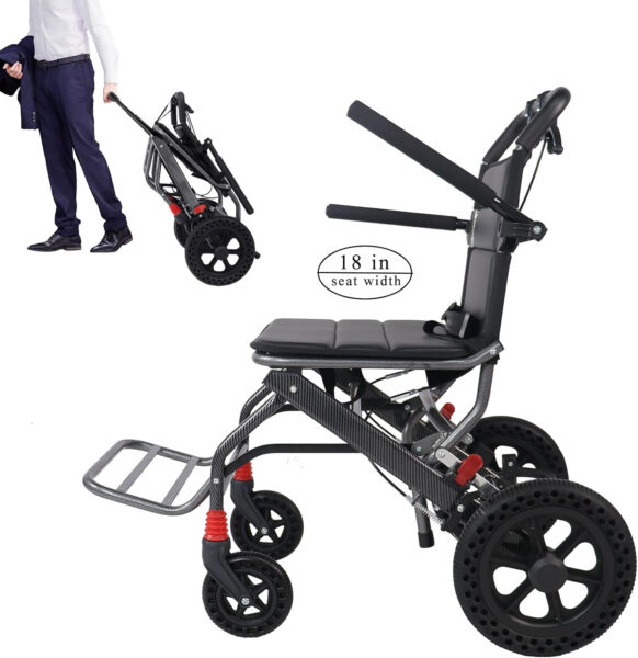 Lightweight Wheelchairs with Handbrake, Compact Wheelchair, Ultralight Folding Travel Wheelchair for Adults, 11″ Rear Wheels